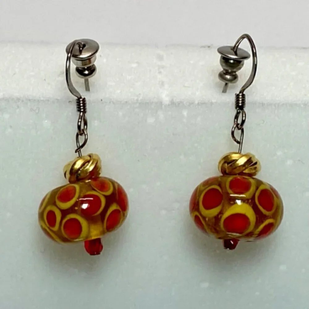Murano Venetian Earrings Clear Glass Bead Multi‎ Color Polka Dot Dangle Hook VTG